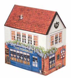 A decorative storage box in the shape of a quaint European-style building with a red tiled roof, blue storefront, and white walls. The box features detailed architectural elements and appears to be designed for storing small items.