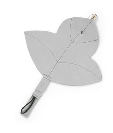 Gray leather pacifier clip with snap closure.