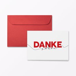 Folding card LineArt "Thank you" including envelope. White or red envelope available. Minimalist design with the German word "DANKE" (Thank you) in red text.