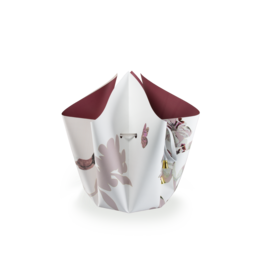 Folding vase in a unique bow shape with a white and burgundy color scheme.