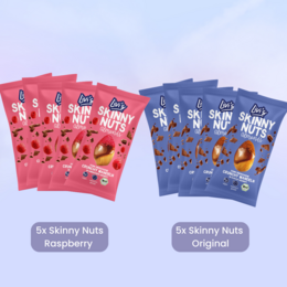 Promotional Set Skinny Nuts (150 x 35g) - Covered nuts in raspberry and original flavors, packaged in colorful bags.
