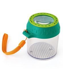 A green and white plastic bug jar with a magnifying glass lid and an orange strap. The jar is designed for exploring and observing insects and other small creatures.