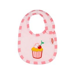 A pink and white checkered baby bib with a cupcake design and the text "Emily's Cupcake". The bib appears to be a doll accessory.