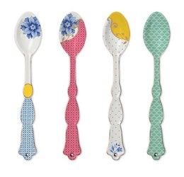 Set of 4 decorative teaspoons with floral and geometric patterns in pastel colors.