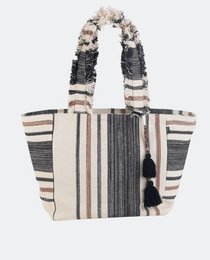  Striped canvas tote bag with black, cream, and gray vertical stripes, textured handles, tassel detail.