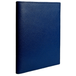 A navy blue and teal dual-tone passport sleeve made of saffiano leather, suitable for office use.