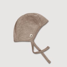  Wool fleece bonnet, sand beige color, soft knit material, tie closure, baby hat