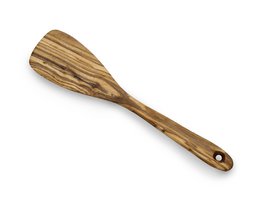  Olive wood flat spatula, natural wood grain, kitchen utensil, cooking tool, wooden handle.