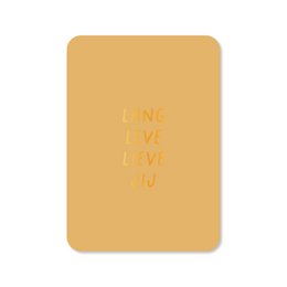  A greeting card with the text "Being love, believe in" printed in gold foil on a yellow background.