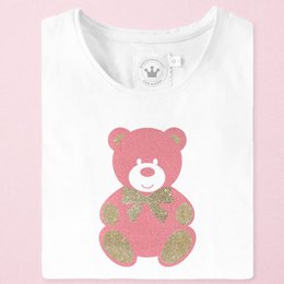  "Girls t-shirt with cute bear design, available in pink, orange, and light blue, sizes 2-14 years"