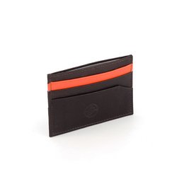 Slim, minimalist card holder in black with orange accent stripe. Made of durable, high-quality materials. Compact and convenient for carrying cards and cash.