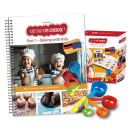 Książka kucharska dla dzieci Easy Cup: Pieczenie z dziećmi (część 1), zestaw do pieczenia wraz z 5 kolorowych miarek