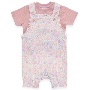 Baby romper set - shirt en romper met ruches in structuurmateriaal - offwhite en roze