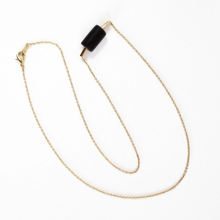 Gold Necklace - Gold Tube & Black Bead