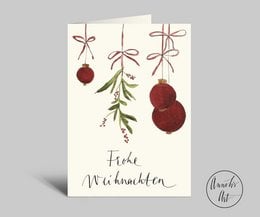 Festive Christmas card with hanging ornaments, mistletoe, and a "Frohe Weihnachten" greeting. Folded DIN A6 card with envelope.