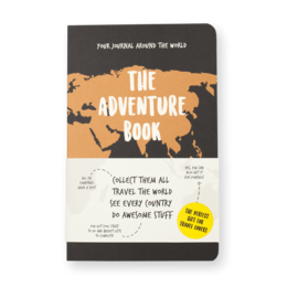 A black and orange journal with a world map design, titled "The Adventure Book - Your Journal Around the World". The journal appears to be a scrapbook or travel journal for recording adventures and experiences while traveling the world.
