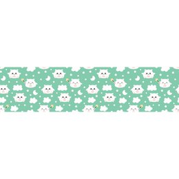  Whimsical painting of a magic wand with a border of cute white cat faces on a mint green background.