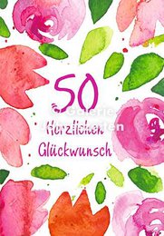  "50th birthday congratulations card, pink floral watercolor design, German text, folding card with magenta envelope"