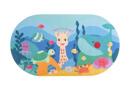  Soft, plush bath mat with Sophie the Giraffe and temperature indicator. Features colorful underwater scene with marine life.