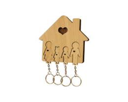  Wooden house-shaped keyholder with family silhouettes and keychains. Available in variants for families with 2 daughters, 2 sons, son and daughter, daughter, or son.