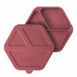 A divided plate with a lid and suction cup on the bottom, available in burgundy, mint, sand, pink, and blue colors. The plate is designed for easy portioning and serving of meals.