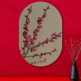 Oval wall art red berries branches aluminum frame modern botanical design decor