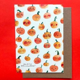 "Colorful Halloween postcard with whimsical pumpkin illustrations. Eco-friendly design."