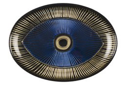 Oval-shaped serving bowl in dark colors with a bold eye-like design. Made of ceramic material with a textured, patterned surface.