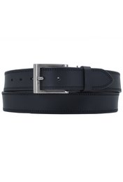 Black buffalo leather belt with silver-tone buckle, suitable for casual and formal wear.