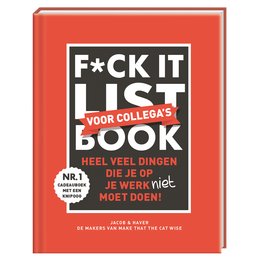 A red hardcover book titled "F*CK IT LIST voor collega's" with a bold black and white graphic design. The book appears to be a humorous or satirical take on a "bucket list" for colleagues.