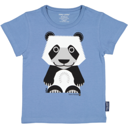 A light blue t-shirt featuring a cute and playful giant panda graphic. The panda has a simple, stylized design with black and white colors. This t-shirt is suitable for children and would be a great addition to a kid's wardrobe.