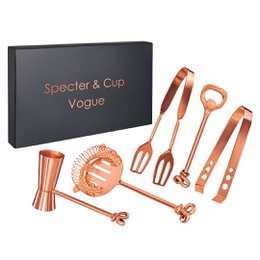 Copper-coated cocktail bar accessory set with 5 pieces, including a jigger, muddler, strainer, bottle opener, and ice tongs. Stylish Vogue design.