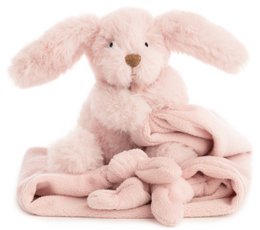  Soft, plush pink rabbit cuddle cloth with long floppy ears. Ideal for snuggling and comforting.