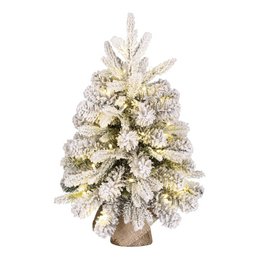  A tall, artificial Christmas tree with warm white lights and a snowy, frosted appearance. The tree has a full, lush shape and appears to be made of plastic or a similar durable material.