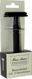 A black safety razor with 10 replacement blades. The razor features a classic, minimalist design suitable for beard care.