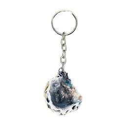  Raw, natural agate stone keychain with irregular, organic shape and multicolored patterns.