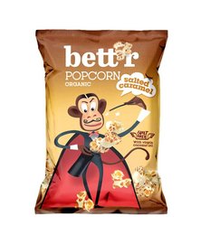 Salted caramel organic popcorn in a 60g bag, featuring a cartoon character on the packaging.