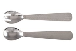 Stainless steel salad servers with a long, slender design. The servers have a simple, minimalist style that would complement a variety of tableware and decor.