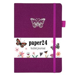 A5 size dot grid notebook with a purple cover featuring a butterfly design. Made of high-quality materials and suitable for bullet journaling, note-taking, and creative writing.