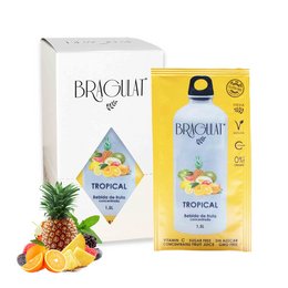 Tropical fruit juice blend in 15 bags. Vibrant yellow packaging with tropical fruit imagery. Includes a variety of tropical fruits like pineapple, orange, and mango.