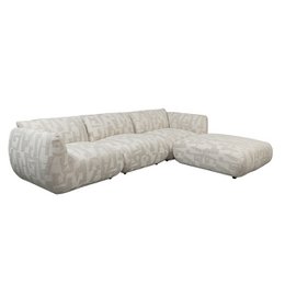  Large, L-shaped sectional sofa with white and gray geometric pattern upholstery. Includes an ottoman for additional seating or footrest. Suitable for living rooms or family rooms.