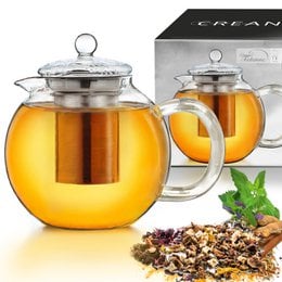 Glass teapot with a beak-shaped spout, 1.3 liter capacity, made of heat-resistant borosilicate glass.