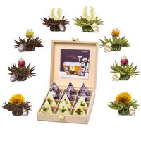Creano Teelini tea flowers in cup format, gift set in a wooden tea box, 12 flower tealini in 8 varieties - white tea & black tea