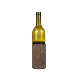 A round, tall glass bottle candle holder with a wooden base. The bottle is made of glass and has a golden-yellow color. The base is made of wood and provides a sturdy support for the candle holder.