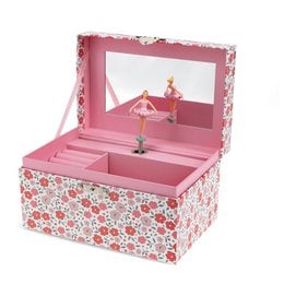 Pink musical jewellery box with floral pattern, dancing ballerina, mirror, storage compartments, rectangular shape