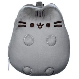 Gray plush Pusheen cat-shaped travel pillow and eye mask set. Soft, comfortable, and perfect for napping on the go.
