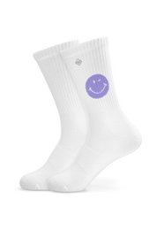 White socks with a purple smiley face logo. Available in sizes S (35-38), M (39-42), and L (43-46).