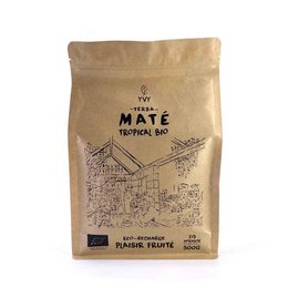 Organic Tropical Mate - Eco refill 500g of mate. This loose leaf tea is made from yerba mate leaves, with a tropical flavor profile. The packaging is an eco-friendly refill pouch.