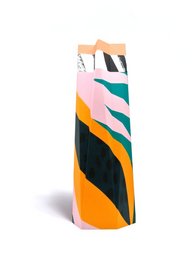 Large papaya-colored vase with abstract geometric patterns in various colors including pink, green, and orange.