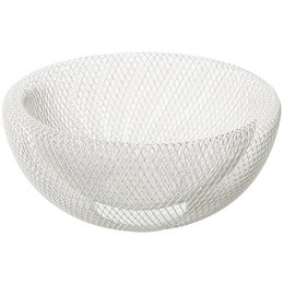 Round white metal fruit bowl with a grid pattern, suitable for displaying various types of fruit.